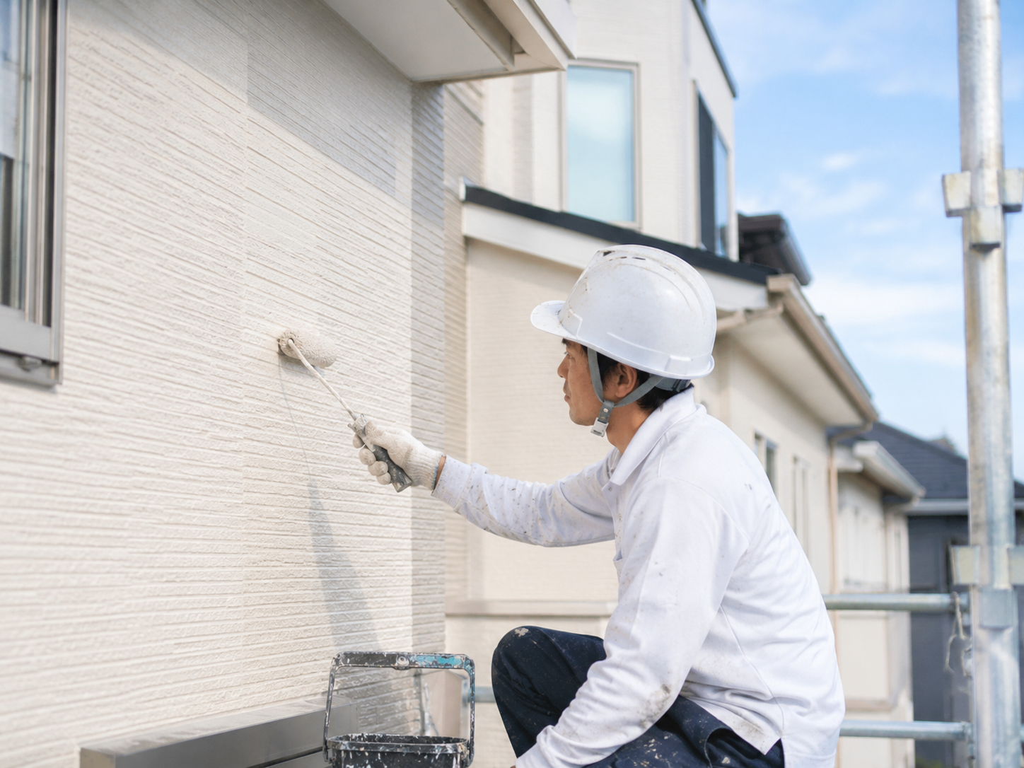 外壁をローラーで塗装している職人